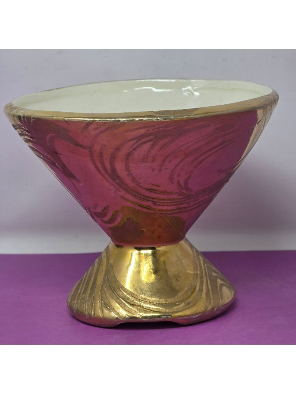 Vntg Swetye Ceramic Decorative Planter Gold Swirl Design Footed Base Collectible